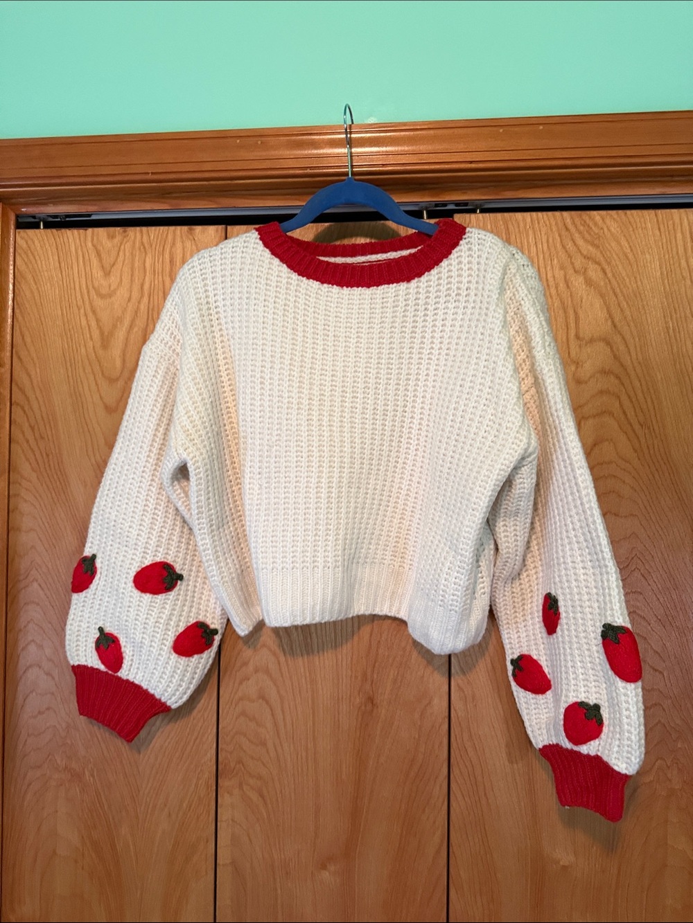 Cider Cream Knit Sweater with Red Trim and Strawberry Embroidered Sleeves